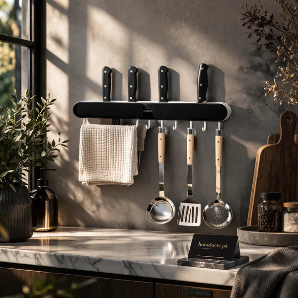 Ecoco Wall Mounted Magnetic Knife & Utensil Holder Rack with Hooks – Multi-Purpose Kitchen Organizer