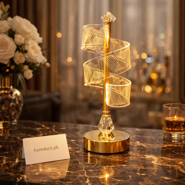 Luxury Crystal Spiral LED Table Lamp – Golden Finish Ambient Bedside Lamp | Homducts.pk